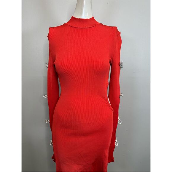 Mach & Mach bow-embellished cut-out ribbed-knit mini dress US6 $1475 - Picture 8 of 12